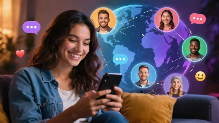 Mulher sorrindo usando celular enquanto conversa em chat online grátis com pessoas do mundo todo em interface digital com conexões globais