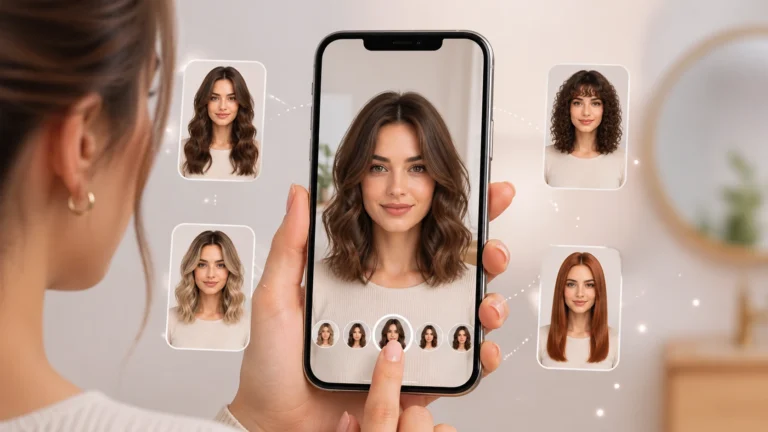 Mulher testando diferentes cortes e cores de cabelo em aplicativo no celular, com simulação virtual de penteados em ambiente moderno.