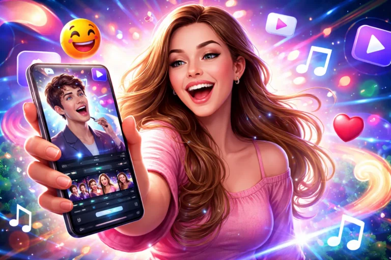 Mulher sorrindo usando app de IA no celular para criar vídeos virais com animações, efeitos visuais e elementos digitais ao redor