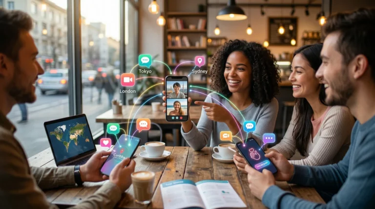 grupo de pessoas em café usando aplicativo de bate-papo no celular, conectando com pessoas de diferentes países em tempo real