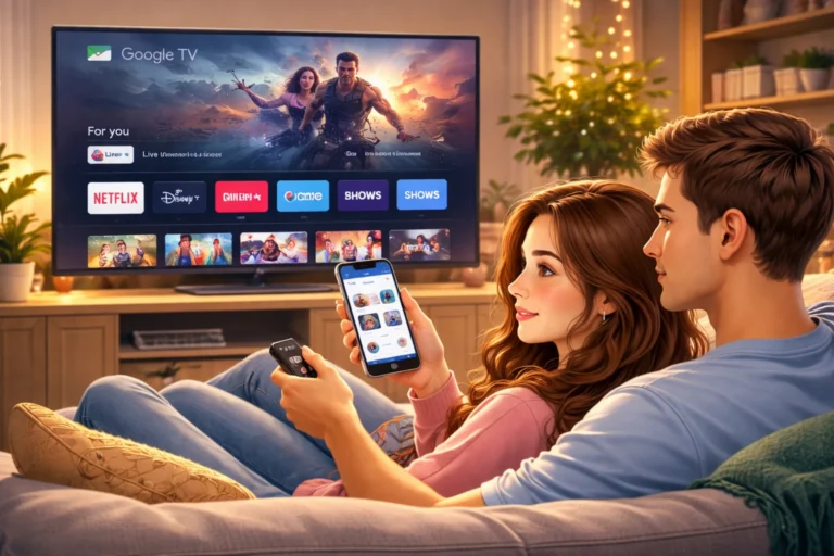 Uma imagem aconchegante mostra um casal relaxando no sofá enquanto usa Google TV na televisão e no celular em casa.