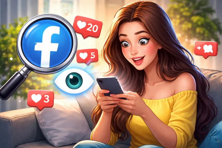 Mulher sorrindo olhando o celular enquanto ícones de redes sociais e interações flutuam ao redor, representando curiosidade sobre quem visita seu perfil no Facebook.
