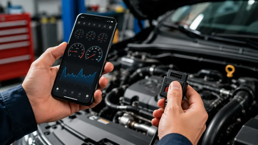 Mãos segurando um celular com aplicativo de diagnóstico automotivo aberto ao lado do motor de um carro em uma oficina mecânica moderna.
