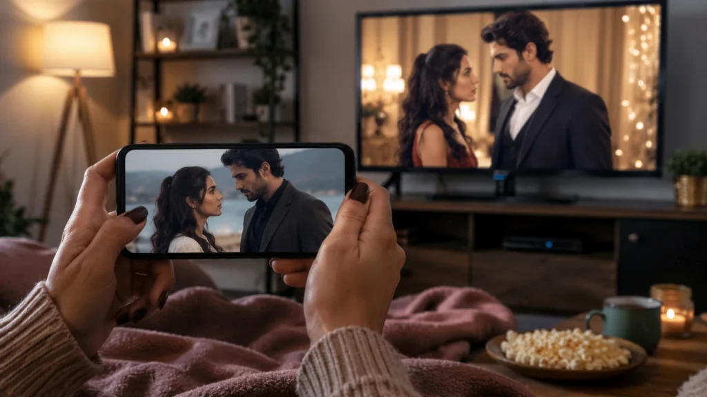 Pessoa assistindo novela turca romântica pelo celular em uma sala aconchegante, com a mesma cena sendo exibida na televisão ao fundo, criando uma atmosfera confortável para maratonar episódios. 📱❤️📺