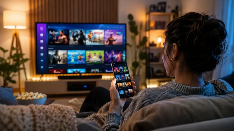 Pessoa sentada no sofá usando celular enquanto assiste plataforma de streaming com filmes e séries em uma smart TV em sala aconchegante iluminada.