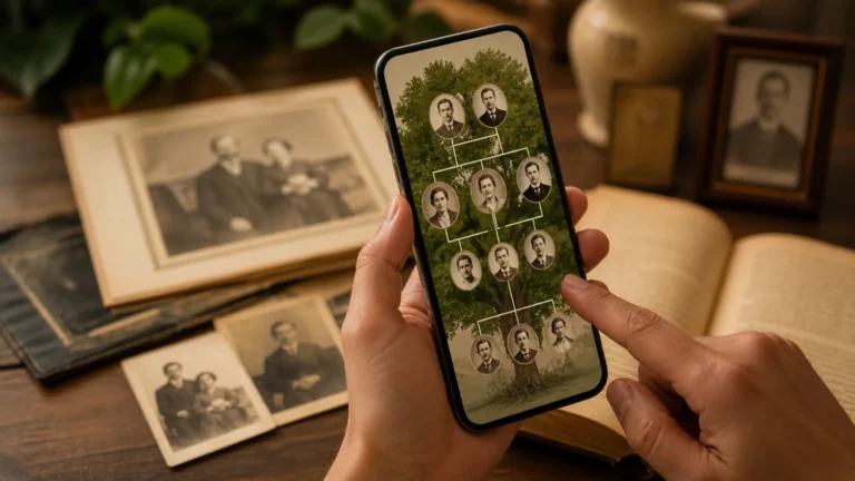 Pessoa segurando celular com árvore genealógica na tela, cercada por fotos antigas e objetos familiares em ambiente aconchegante.