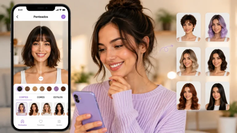 Mulher sorrindo enquanto usa aplicativo de simulação de cabelo no celular, com diferentes cortes e cores exibidos ao redor da tela em um ambiente moderno e iluminado.