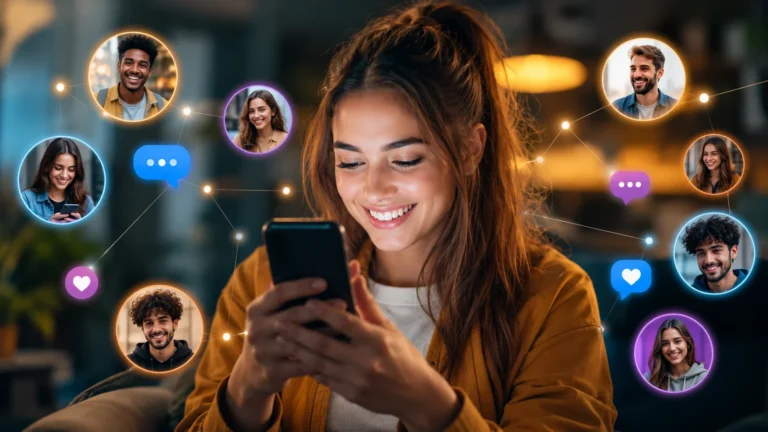 Jovem sorrindo enquanto usa aplicativo de bate-papo no celular, cercada por perfis conectados, ícones de mensagens e elementos digitais coloridos em um ambiente moderno e aconchegante.