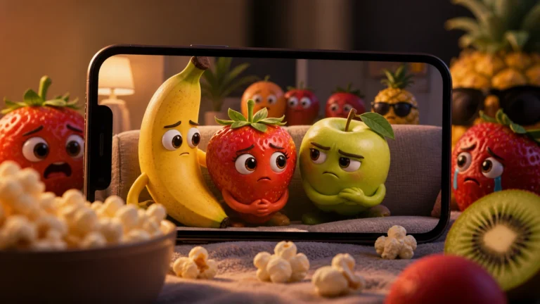 Celular exibindo uma cena divertida com frutas animadas em estilo cartoon, como banana, morango e maçã, em um ambiente aconchegante com pipoca ao redor.