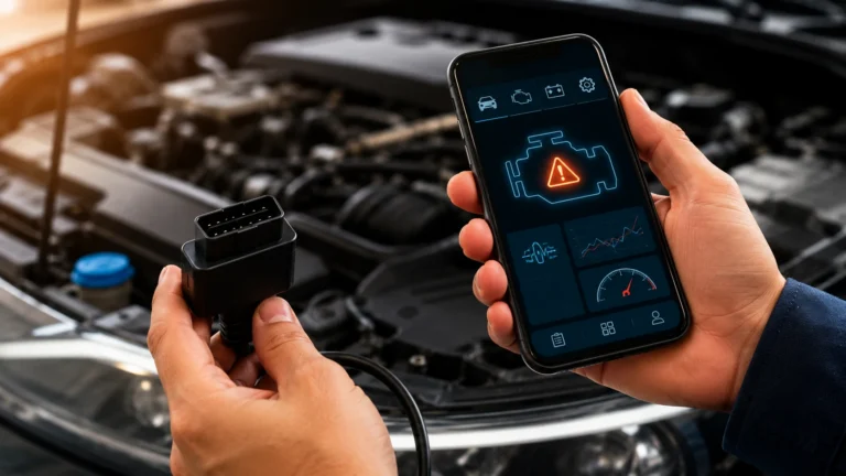Pessoa segurando um smartphone conectado a um adaptador OBD2 enquanto realiza diagnóstico automotivo, com o motor do carro aberto ao fundo e um aplicativo exibindo alertas e informações sobre possíveis falhas do veículo. 🚗📱🔧
