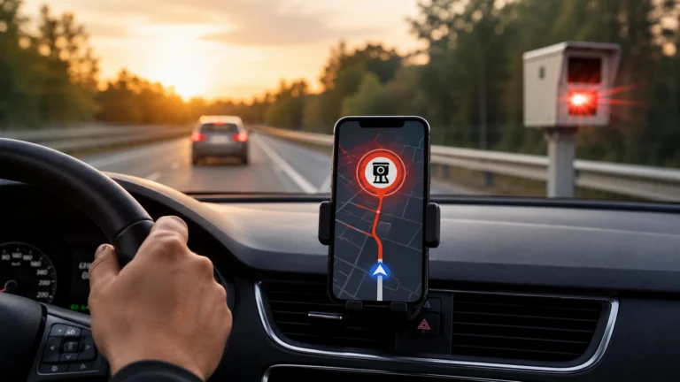 Motorista dirigindo com celular no painel exibindo alerta de radar de velocidade no mapa, enquanto um radar com luz vermelha aparece na estrada ao pôr do sol.