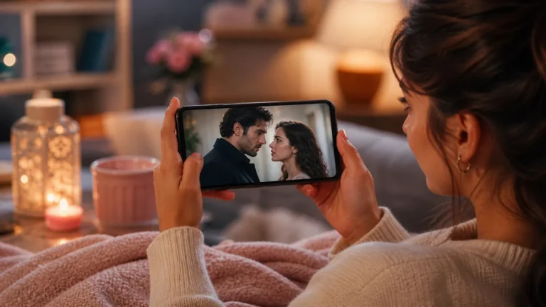 Pessoa assistindo novela turca no celular em ambiente aconchegante, com cena romântica na tela e iluminação suave ao redor.