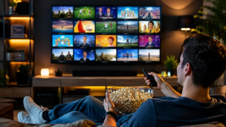 Pessoa assistindo diversos canais em uma smart TV enquanto segura controle remoto e um pote de pipoca em uma sala moderna e aconchegante.