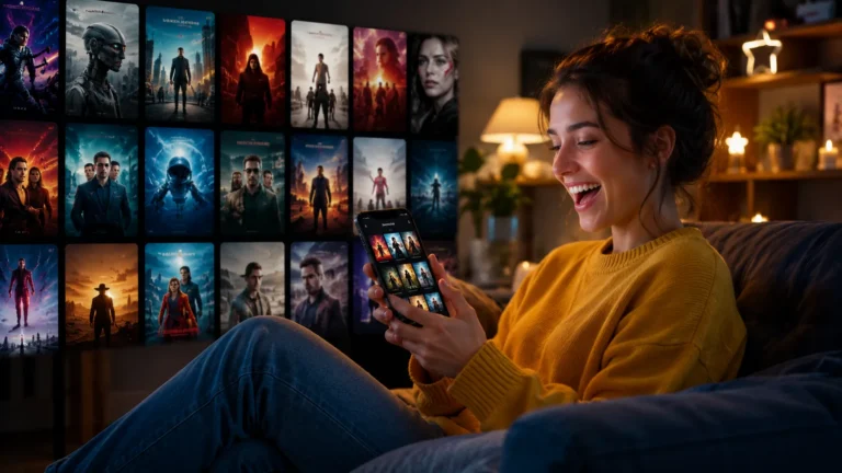 Mulher sorrindo no sofá enquanto usa aplicativo de filmes no celular, com parede cheia de pôsteres fictícios de filmes iluminados ao fundo em ambiente aconchegante.
