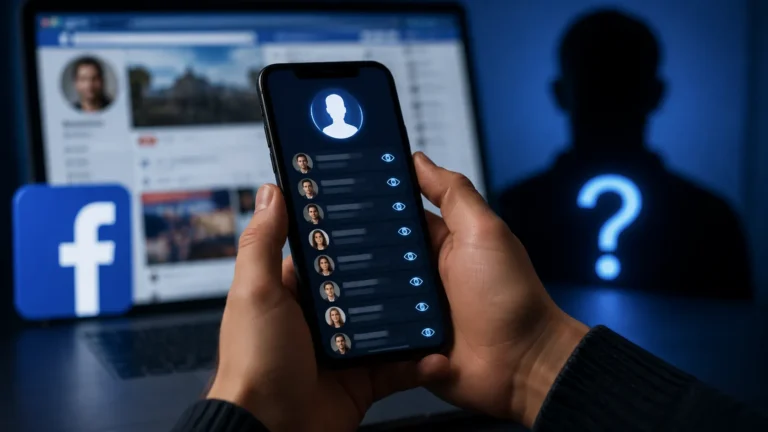 Pessoa segurando celular com aplicativo de monitoramento social aberto enquanto perfil do Facebook aparece desfocado ao fundo com símbolo misterioso iluminado.
