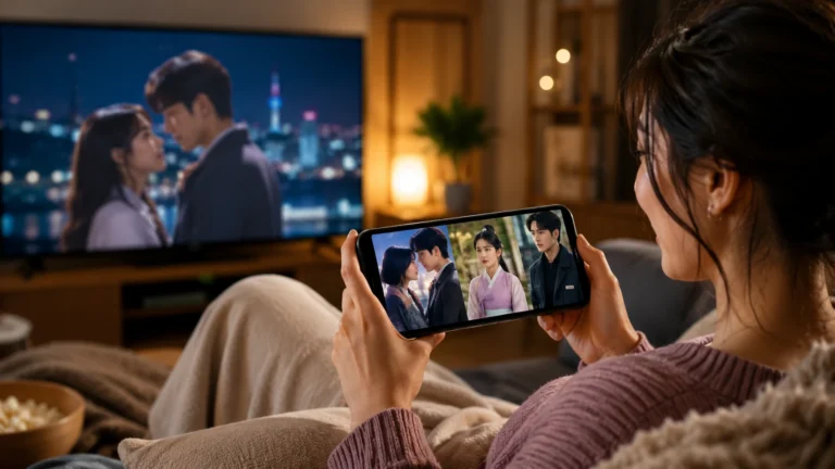 Mulher assistindo novelas coreanas pelo celular em uma sala aconchegante, com cena romântica de dorama exibida ao fundo.