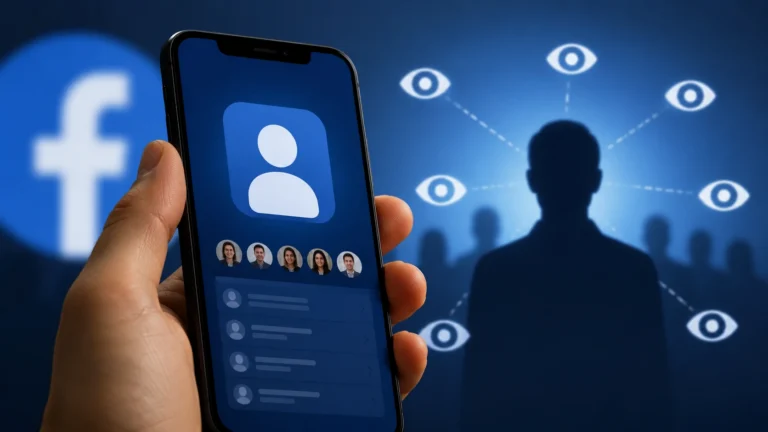 Pessoa segurando um smartphone com perfil de rede social na tela, enquanto silhuetas e ícones de olhos ao fundo representam curiosidade, interações e monitoramento de atividades no Facebook.
