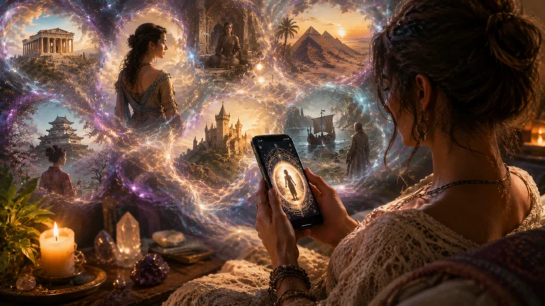 Mulher segura um celular com um aplicativo de vidas passadas aberto enquanto visões luminosas de diferentes épocas históricas aparecem ao seu redor. A cena mostra castelos medievais, pirâmides do Egito, templos antigos, navios históricos e paisagens místicas conectadas por feixes de luz dourada e partículas brilhantes. O ambiente possui velas, cristais e tons quentes de dourado, roxo e azul, criando uma atmosfera de mistério, espiritualidade e descoberta