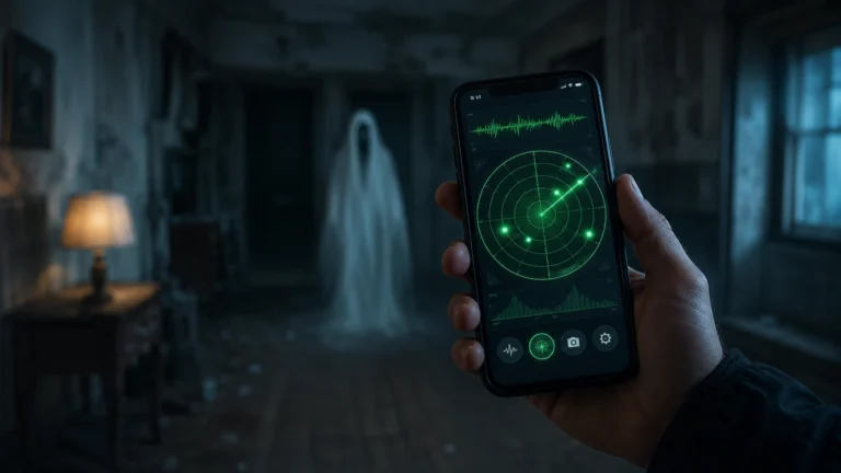 Pessoa segurando um smartphone com um radar paranormal iluminado em verde dentro de uma casa antiga e escura. Ao fundo, uma figura fantasmagórica aparece desfocada, criando uma atmosfera misteriosa e de entretenimento relacionada à detecção de fantasmas.