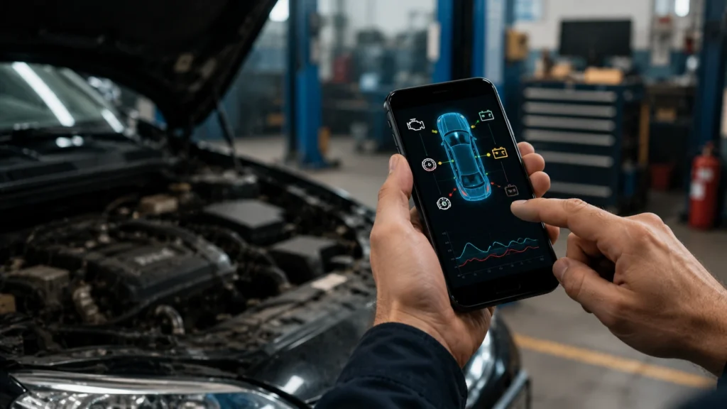 Pessoa utilizando um aplicativo de diagnóstico automotivo no celular dentro de uma oficina, com o capô do carro aberto e informações técnicas exibidas na tela do smartphone