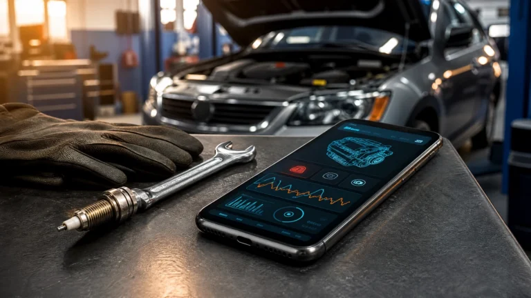 Smartphone exibindo um aplicativo de diagnóstico automotivo sobre uma bancada de oficina mecânica. Ao lado do celular há uma chave de boca, uma vela de ignição e luvas de trabalho. Ao fundo, um carro com o capô aberto aparece desfocado dentro da oficina, transmitindo a ideia de análise de falhas, manutenção automotiva e monitoramento do veículo pelo celular.