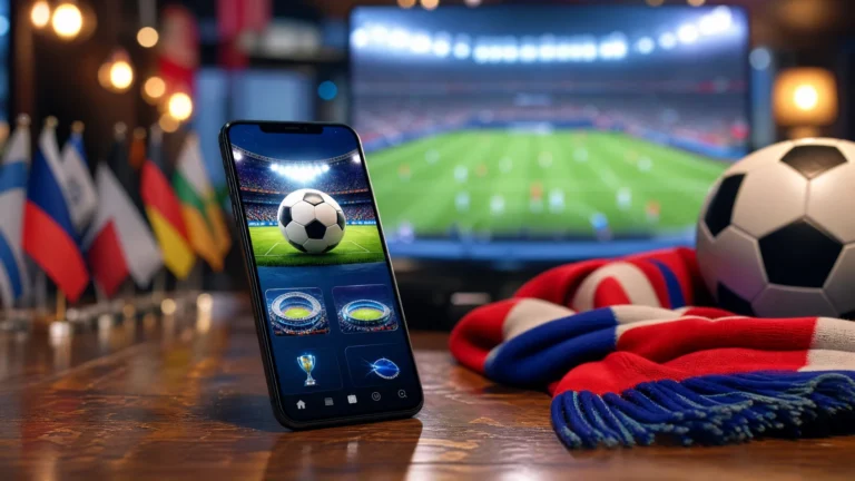 Smartphone exibindo um aplicativo para acompanhar jogos de futebol sobre uma mesa de madeira. Ao fundo, uma televisão mostra uma partida em um estádio iluminado, enquanto uma bola de futebol, um cachecol de torcedor e bandeiras de diversos países reforçam o clima de competição internacional. A cena transmite a experiência de acompanhar jogos, resultados e eventos esportivos pelo celular.