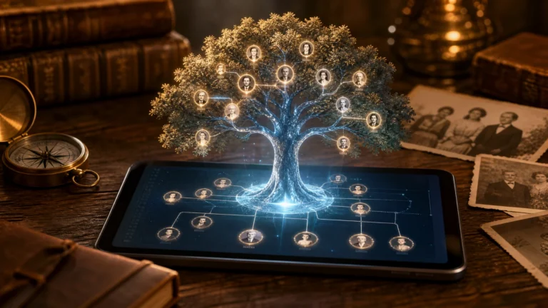 Árvore genealógica digital iluminada surgindo de um tablet sobre uma mesa de madeira. Retratos de familiares aparecem conectados pelos galhos da árvore, enquanto fotos antigas, livros históricos e uma bússola ao redor reforçam o tema de pesquisa de sobrenomes, ancestralidade e descoberta das origens familiares por meio de aplicativos de genealogia.