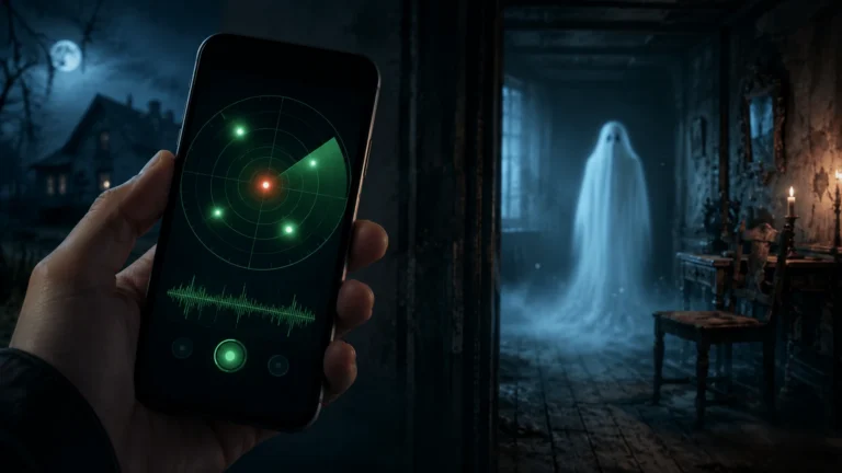 Pessoa segurando um celular com aplicativo detector paranormal em uma casa assombrada, enquanto uma figura fantasmagórica aparece ao fundo em um ambiente escuro e misterioso.