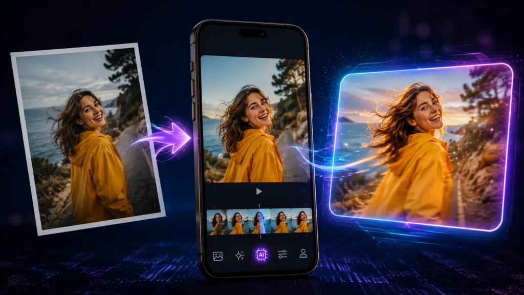 Smartphone exibindo um aplicativo de inteligência artificial que transforma uma foto estática em imagem animada, com efeitos luminosos, movimento nos cabelos e elementos digitais futuristas, representando tecnologia de fotos em movimento por IA.