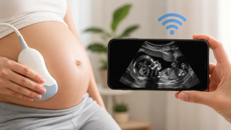 Mão segurando um smartphone que exibe uma imagem de ultrassom 3D de um bebê. Ao fundo, uma gestante realiza um exame em ambiente clínico, com equipamentos médicos desfocados, representando aplicativos relacionados ao acompanhamento da gravidez e visualização de ultrassons.