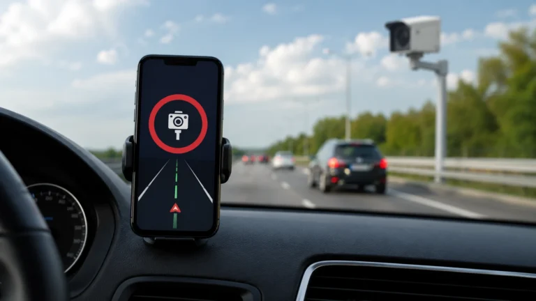 Smartphone exibindo aplicativo de alerta de radar de velocidade no painel de um carro, com rodovia e radar de trânsito ao fundo.