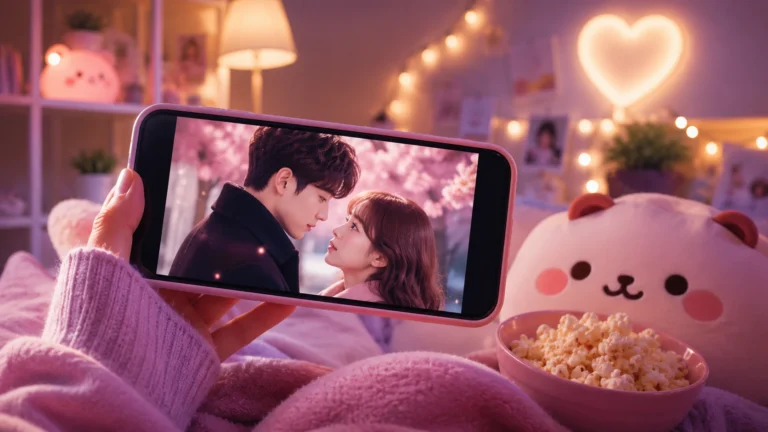 Smartphone exibindo uma cena romântica de dorama coreano em um ambiente aconchegante. Ao redor, manta macia, almofada fofa, luzes decorativas em formato de coração e um balde de pipoca criam uma atmosfera acolhedora e delicada para assistir séries no celular.
