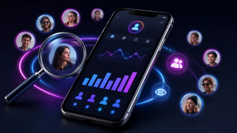 Smartphone exibindo gráficos e perfis de usuários em uma interface digital futurista, cercado por avatares conectados e uma lupa em destaque. A imagem representa aplicativos para monitorar visitantes e interações em perfis de redes sociais, com elementos tecnológicos e iluminação neon.