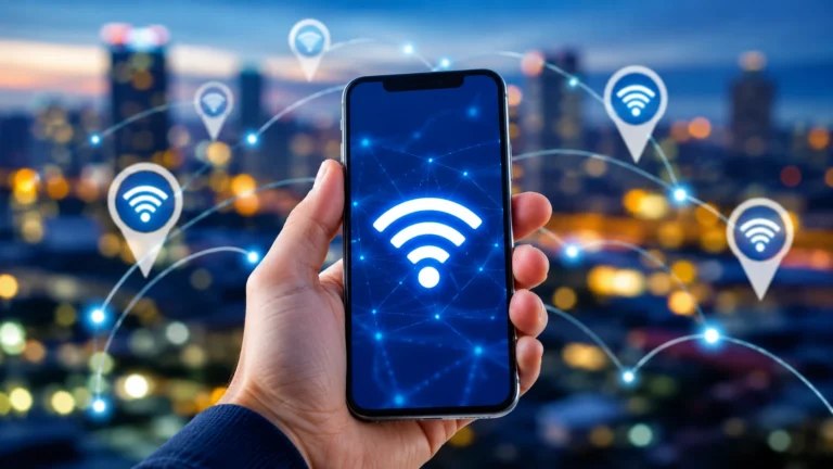 Pessoa segurando um smartphone exibindo um símbolo de Wi-Fi em destaque, com vários pontos de acesso conectados ao redor e uma paisagem urbana iluminada ao fundo, representando busca e conexão a redes Wi-Fi disponíveis.